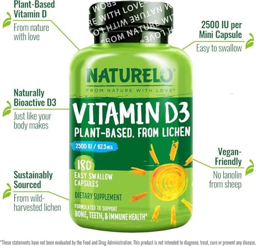 NATURELO Vitamin D3 (62.5mcg / 2500 IU) - from Lichen - Plant-Based & Sustainable - Bio-Active Colecalciferol - Bone and Immune Health - 180 Small Vegan Capsules | 6 Month Supply - Image 5