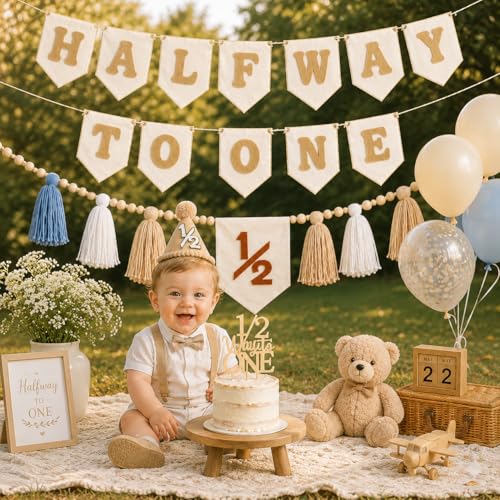 Image of 1 /2 Birthday Boy Half Birthday Decorations - Half Way to One Banner Cake Topper Tassel Wood Bead High Chair Banner Hat for Boys and Girls 6 Months Birthday Decorations Party Supplies