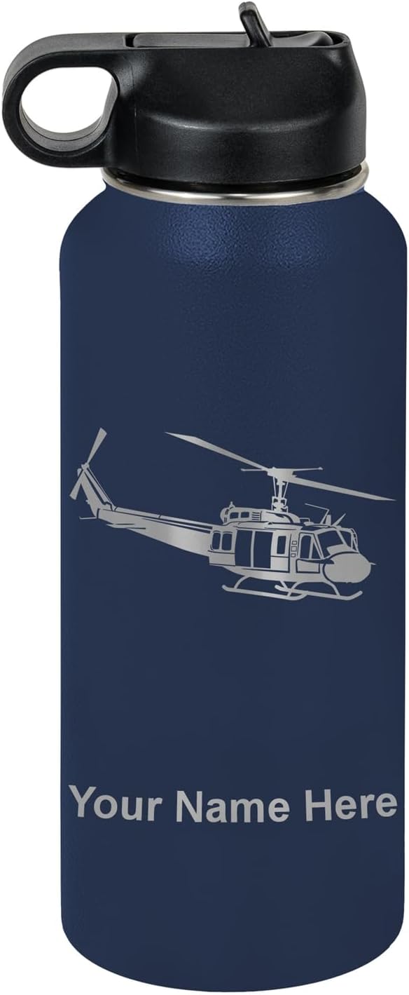 LaserGram Personalized Water Bottle, Military Helicopter 2, Stainless Steel Double Wall Vacuum Insulated with Flip Top Straw, Custom Engraved Gift (32oz / 950ml Navy Blue)
