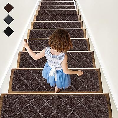 RIOLAND Stair Treads Carpet Non-Slip Indoor 15 PCS Wood Stair Treads Rugs Modern Stair Runners for Kids Dogs, 8" X 30", Brown