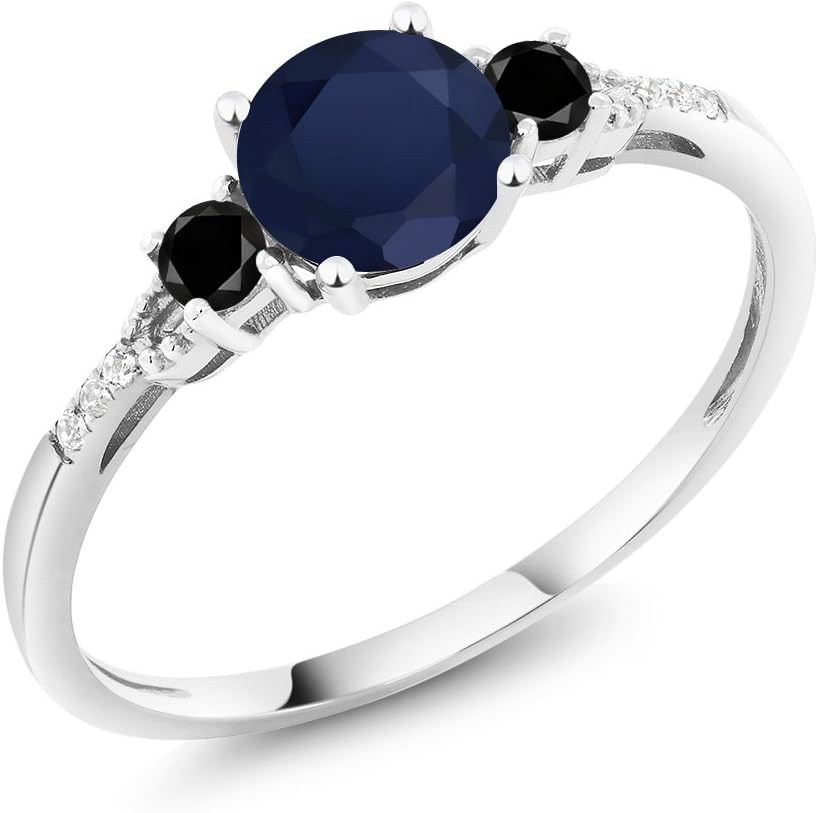 Gem Stone King 10K White Gold Blue Sapphire Black Diamond and White Diamond Accent 3-Stone Engagement Ring For Women (1.18 Cttw, Round 6MM, Gemstone September Birthstone)
