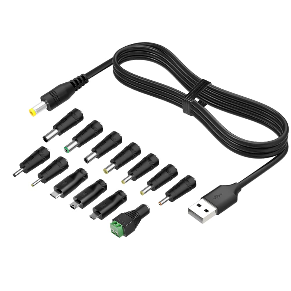 Zolt Universal USB DC Cable, DC Jack 5.5mm 2.1mm 5V Power Cable Cord with 14 DC Connectors Plugs, like USB C, Mirco USB, and Mini USB for USB-HUB LED Strip Lights Camera Router and More 5V Electronics