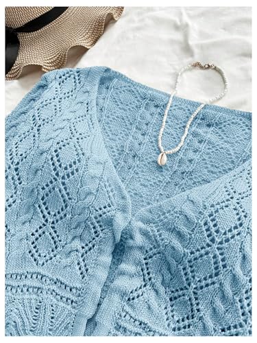 SHENHE Women's Crochet Knit Crop Top Hollow Out V Neck Drawstring Cropped Sweater Pullover3