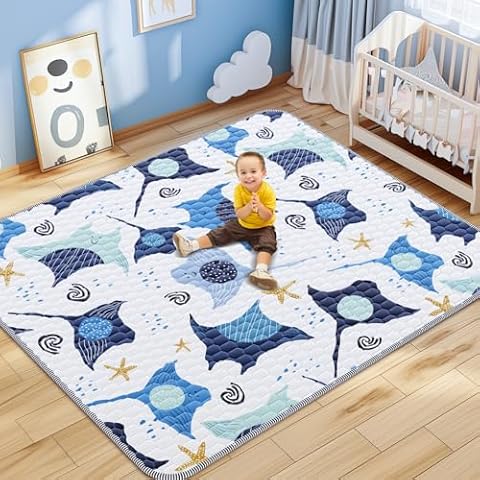 omzer Baby Play Mat 71x79inch - Extra Large Playmats for Floor Foldable - Thick One-Piece Playpen Mat - Non-Slip Crawling Mats for Babies Toddlers - Machine Washable Padded for Tummy Time, Blue Cover