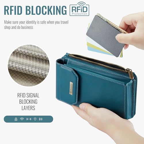 Small Crossbody Phone Purse with Shoulder Strap + Wristlet, RFID Blocking Cell Phone Holder Wallet Handbag, Built-in 10 Card Slots + Zip Pocket, Teal Green3