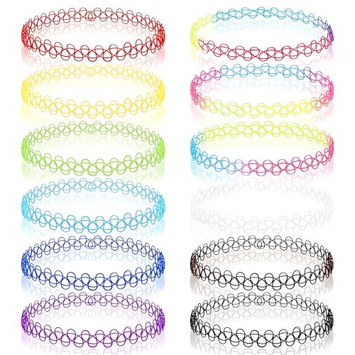 LUSTRIB 12PCS 90s Vibrant Tattoo Choker Necklace Set - Colorful Stretchy Elastic Vintage Trendy Y2K Fashion Jewelry Adjustable Retro Gothic Grunge Aesthetic Accessories for Women