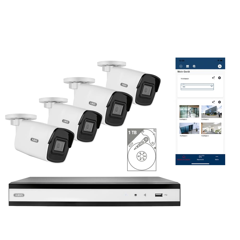 ABUS TVVR36401 All-IN-ONE zestaw czterech kamer monitorujących PoE do użytku wewnątrz i na zewnątrz – kompletny zestaw z sieciowym rejestratorem wideo (NVR) i 4 mini kamerami PoE - 94459