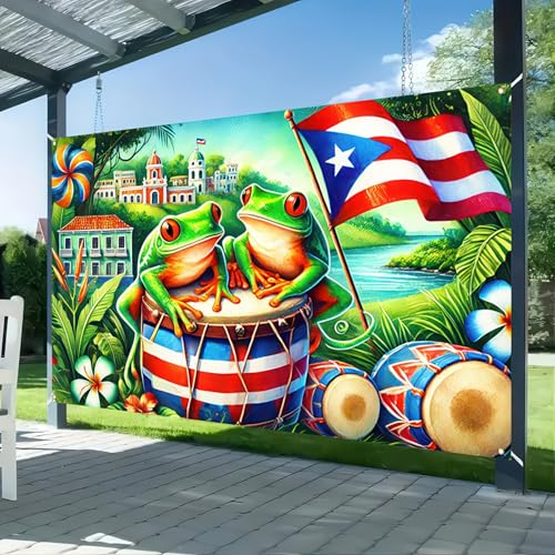 Image of BlissYard Puerto Rico Banner 71 x 43 inchs Boricua Frog Drum Flag Backdrop Tropical Island Festival Wall Decor for Puerto Rican Party Parade Cultural Event Home Decoration