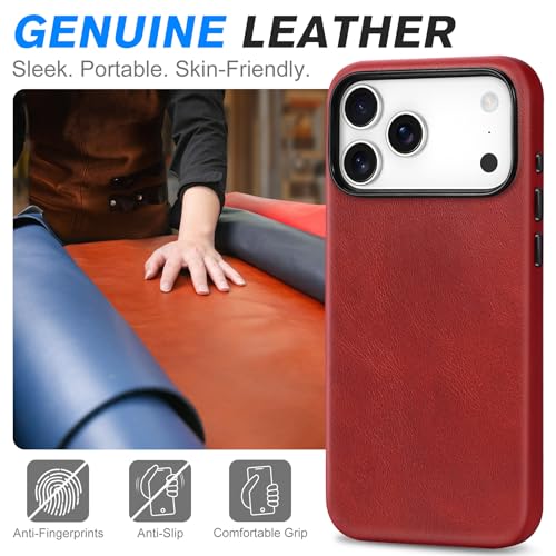 Image of SHIELDON Genuine Leather Case for iPhone 17 Pro Max 6.9 inch 2025, Retro Red | for MagSafe, Magnetic Wireless Charging, Camera Button, Metal Buttons, Camera Bezel, Non-Slip, Shockproof, Anti-Scratch, Slim