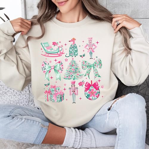 Christmas Graphic Nutcracker Sweatshirt, Merry Christmas Coquette Tee, Family Matching Christmas Pajamas, Cute Xmas Ribbon Sweater, Christmas Tree Hoodie, Christmas Party Crewneck Multi Color2