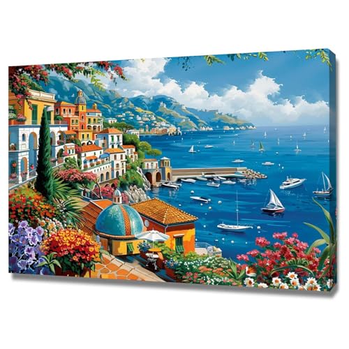Tableau paysage côtier 50x70cm encadré pour décoration salon