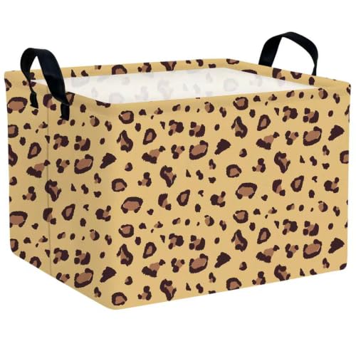 Image of Rectangular Cheetah Pattern Kids Basket Cute Storage Bin with Handles Room Decor (Khaki Leopard Print)