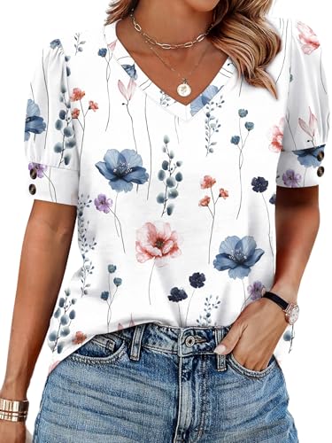 Image of OFEEFAN Womens Tops Short Sleeve Shirts Buttons V Neck Spring Fashion Summer Outfits Plus Size Blouses Dressy Casual