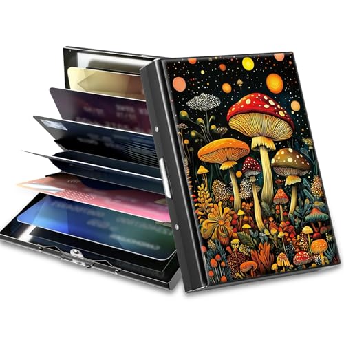 Image of Slim Credit Card Holder, Magic Colorful Mushrooms RFID Blocking Metal Wallet for Men & Women, Aluminum Minimalist Hard Case Pocket-Sized Business Cards Organizer (Fits Up to 10 Cards)