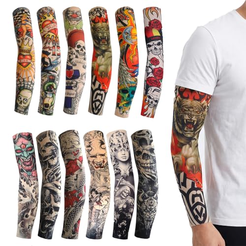 Qwrqwr 12 Pieces Tattoo Sleeves for Men Fake Tatoos Arm Sleeve Elastic Hip Hop Sun Block for Men Women (B)