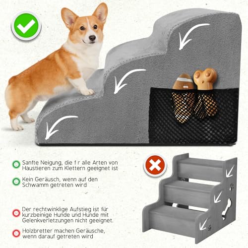 Thihome Hundetreppe für Kleine Hunde 3-Stufig, rutschfeste Haustiertreppe 40cm Hoch, Tragbar Hunderampe für Bett und Sofa, Treppe für Hunde mit Waschbarem Bezug und Rutschfestem Boden, Grau