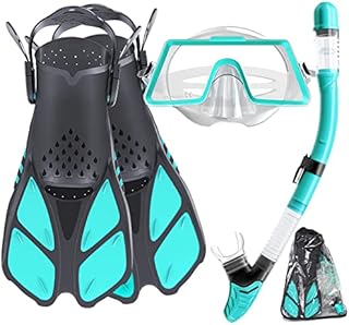 Tongtai Mask Fin Snorkel Set with Adult &Kids Snorkeling Gear, Panoramic View Diving Mask,Trek Fin,Dry Top Snorkel +Travel Bags, Professional Snorkel for Lap Swimming