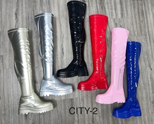 UNILADY Women's Over The Knee Boots Lug Sole Round Toe Thigh High Chunky Block Heels Flat Boots CITY-2 Red 7.5 | Image 3