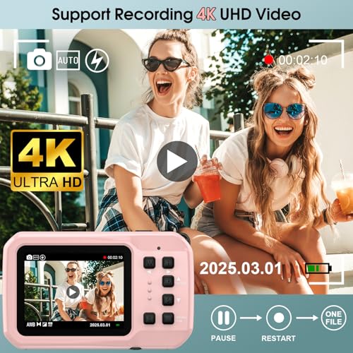 Image of 4K Underwater Camera, 64MP 16FT Waterproof Digital Camera with 16GB Card, Autofocus Floatable Waterproof Camera with IPS HD Screen, 16X Digital Zoom, Fill Light, for Surfing,Snorkeling,Swimming,Pink