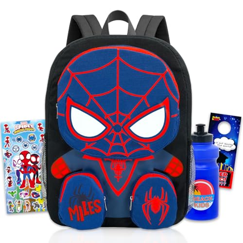 Mochila Homem-Aranha para meninos, crianças – Pacote com mochila Miles Morales de 40,6 cm, além de garrafa de água, adesivos e muito mais | Mochila escolar Spiderverse Miles Morales Homem-Aranha para