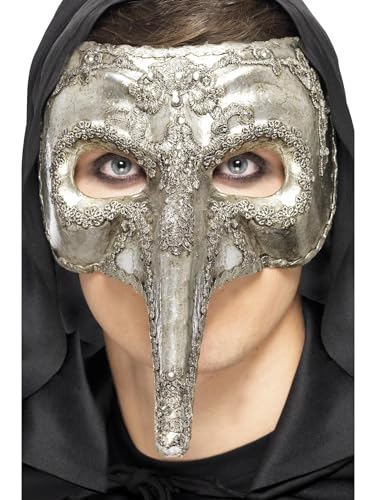 Smiffys Luxury Venetian Capitano Mask, Silver , Eyemasks Fan