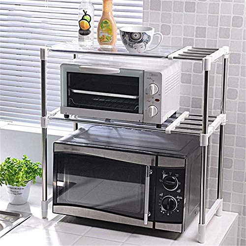 WHEEJE Microwave Oven Microwave Stand Double-Floor Floor Stainless Steel Microwave Oven Kitchen 2 Layers Oven Storage Organize Rack with Hook Microwave Storage Cart (Color : White, Size : 50 x 30.5 x