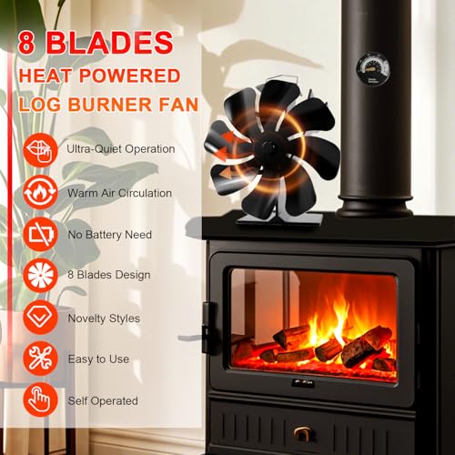 Image of Tomersun Wood Stove Fan 8 Blade Heat Powered, Woodburner Fireplace Fan for Wood Burner /Burning /Stoves, with Thermometer