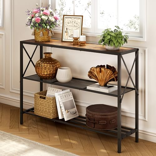 Hoctieon Industrial Console Table 3 Tier Entryway Tables Hallway Desk Narrow Sofa Tables with Shelves Entrance Table for Entryway Living Room Foyer Hallway Office Rustic Brown