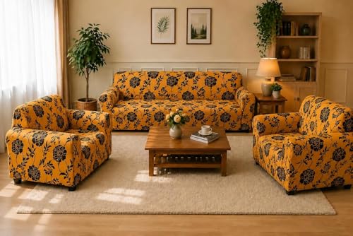 Image of Gifts Island Sofa Cover 3 Seater and 2 Seater Fully Covered Universal 5 Seater Sofa Cover Non-Slip Sticky Elastic Stretchable Sofa Set Slipcover Protector for (3+1+1 Seater) (Gold Black Floral)