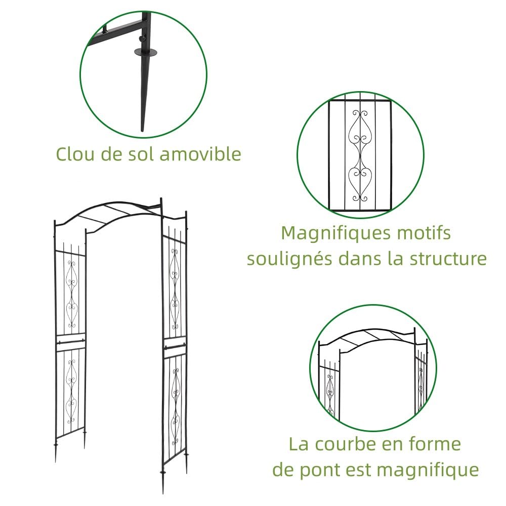 LEADZM Arche de Jardin en Métal – Design Haut de Pont avec Motif Décoratif – 110x45x230 cm – Idéal pour Mariages, Clôtures et Décoration Extérieure – Noir