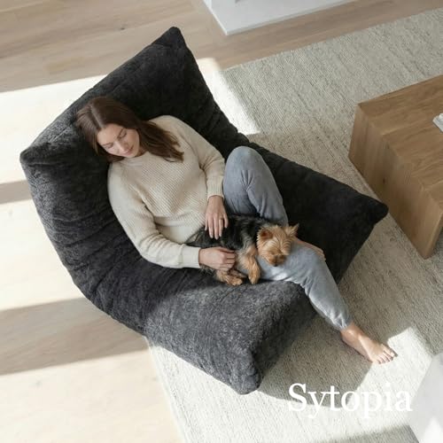 Image of Sytopia Premium Chenille Bean Bag Chair for Adults, Oversized 40D Memory Foam Floor Sofa, Giant Deep Seat Gaming Reading Nook, No Assembly Required, Black Onyx