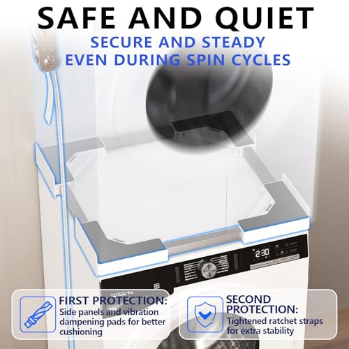 JHCHU Washer Dryer Stacking Kit, Universal Stacking Kit for Washer and Dryer, Adjustable Frame for 45~68cm Stackable Washer and Dryer Stacking with Ratchet Strap (White) - Image 5
