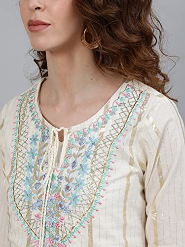 Image of Ishin Women's Cotton Regular Fit Anarkali Embellished Mirror Work Floral Print Kurti