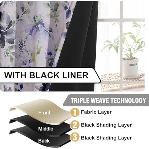 Image of Cloth Fusion Printed 100% Blackout Long Door Curtains 9 Feet Set of 2 | Blue Lotus, Room Darkening, Black Woven Back, 127 cm Wide Panel, Thermal Insulated, Stainless Steel Grommets
