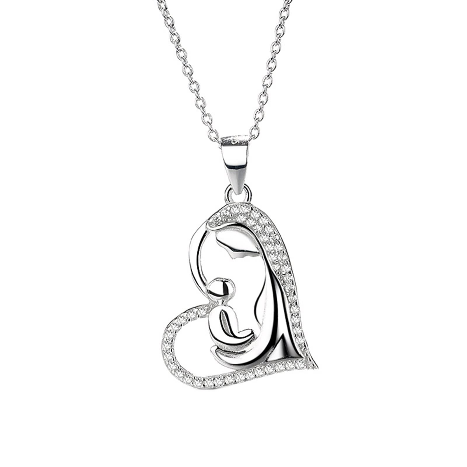 Collar de 14 quilates, collar con colgante de corazón de diamante para madre y niño, 2.66x1.64CM, Vidrio Cuero, Diamante