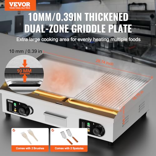 Image of VEVOR Upgraded Commercial Electric Griddle, 2800W Countertop Half-Flat Top Grill, 122℉-572℉ Adjustable Temp, 29'' Stainless Steel Griddle Grill for Home or Restaurant(No Plug)