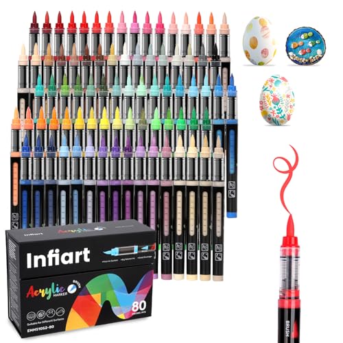 Image of 80 Colors Acrylic Paint Markers Brush Tip, Automatic Ink Control Acrylic Paint Pens Waterproof Acrylic Markers Set for Holiday Decorations, Stone, Wood, Glass, DIY & Art Supplies