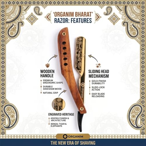 Image of ORGANIM Foldable Straight Razor for Men | Stainless Steel Barber Shaving Razor with Wooden Handle | Professional Sliding Ustara for Men with 100 Blades