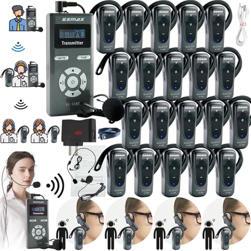 Sistema de guía de audio inalámbrico EXMAX EX-318 con 1 transmisor y 20 receptores para iglesias, traducción y eventos