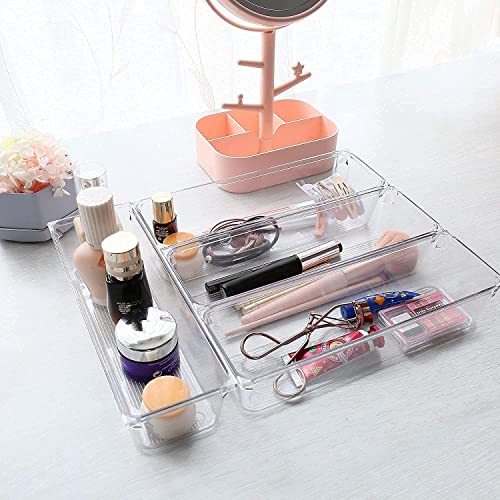 Image of 4 Pcs Drawer Organizer Versatile Vanity Drawer Storage Bins,Clear Plastic Drawer Organizer Trays,Customize Layout Organizer For Makeup Cosmetics And Bathroom Vanity(Clear),Transparent