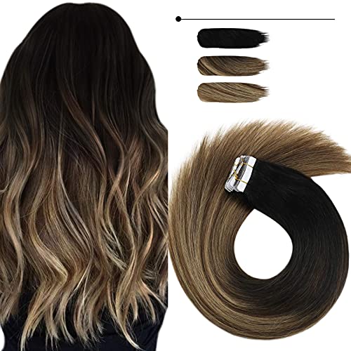 Sunny 12inch Tape in Hair Extensions Human Hair Black Ombre Color#1B/4/27 Natural Black Ombre Dark Brown With Blonde Hair Extensions Silky Straight Hair Extensions for Women 20 pcs 40g