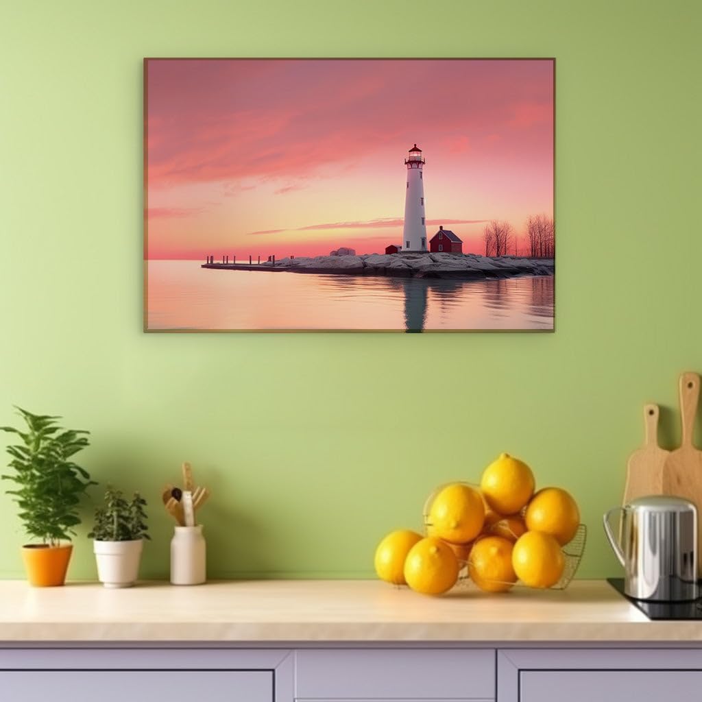Canvas for Living room. Lighthouse Serenity at Sunset: A Dockside Beacon Against a Painted Sky, 27 x 18 inch Canvas Wall Art - Tranquility - Modern Home Decor