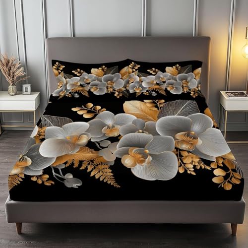 Latwerio Sábana Bajera 105x200 Infantil Orquídea 3D Impresión Sabanas, Flores de Microfibra Suave y Cómoda Funda de Colchón Sábana con Elástico y Bolsillo Profundo 30 cm, Sabanas Cama 105, T913