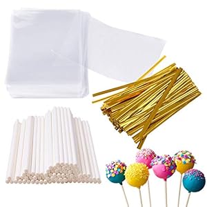 300Pcs 6 Inches Cake Pop Sticks and Wrappers Include 100Pcs Cake Pop Sticks 100Pcs Cake Pop Bags and 100Pcs Twist Ties