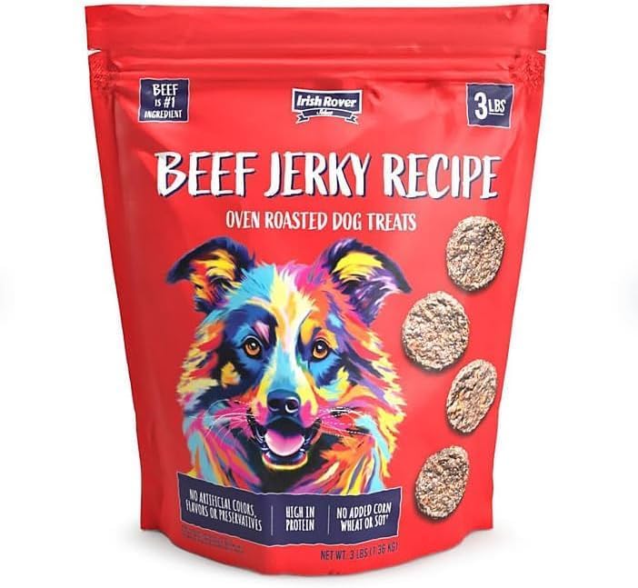 (1 Bag) Irish Rover Brisket Jerky, Oven Roasted Dog Treats, Net Weight, 3 lbs (1.36 kg) - Beef as The #1 Ingredient, No Added Corn Wheat or Soy, and No Artificial Flavors, preservatives,