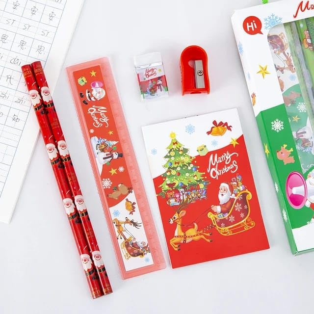 Image of Santa Claus Theme School Stationery Kit, Christmas Day Gift Set, Merry Christmas Return Gift Set, 6-in-1 Stationery Kit for Kids (Pack of 3)