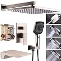 YESIMI Shower System with Tub Spout 10 Inch Overhead Shower 4 Setting Handheld Spray Rough In Pressure Balance Valve Body with Trim Kit Wall Mounted Rainfall Bathtub Shower Faucet Set (Brushed Nickel)