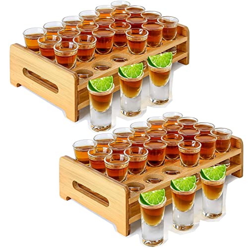Supwinnet Shotglazen set 48 stuks 15 ml bulk mini shotglazen met 2 stuks dienbladenhouders organisatoren dikke basis helder glazen bekers glaswerk voor party club bar geest proeverij tool set van 50