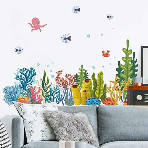 Watercolor Marine Life Wall Decals,Seabed Crab Fish Coral Wall Sticker Removable Peel and Stick Art Murals for Kids Bedroom Nursery Classroom Game Room