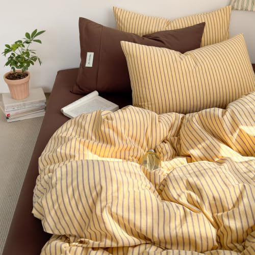 Image of Striped Duvet Cover Set Washed Cotton,Queen(90 inchx90 inch),Pinstripes Yellow